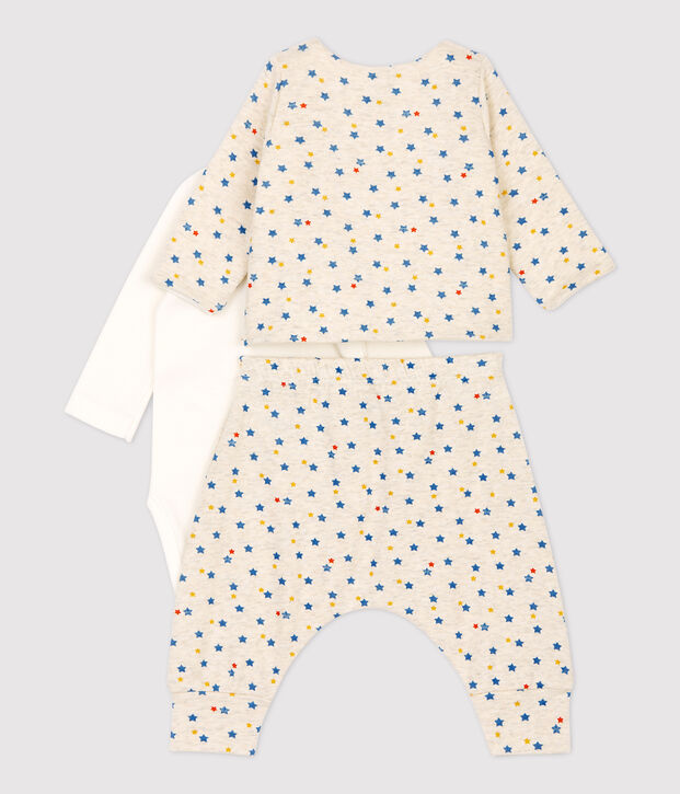 Ensemble 3 pi&egrave;ces imprim&eacute; &eacute;toiles multicolores b&eacute;b&eacute; fille en laine et coton biologique beige/multicouleur